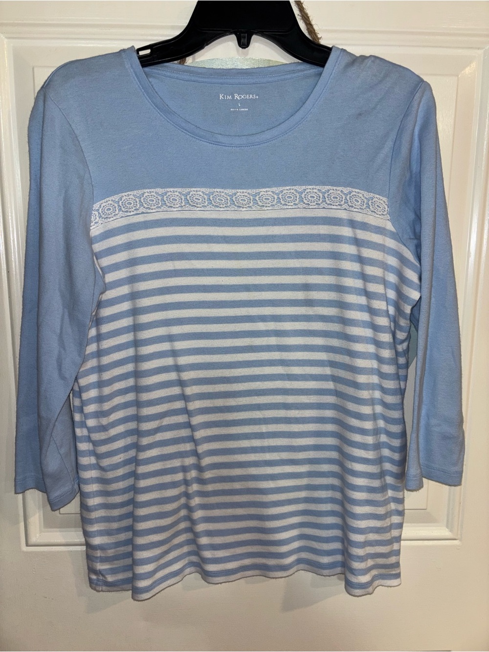 Kim Rogers Light Blue & White Striped Lace-Trim Top
